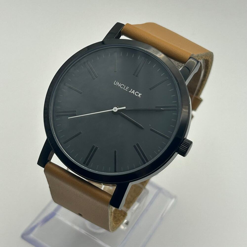 Uncle Jack Black Case Tan Genuine Leather Men’s Minimalist Watch New Battery
